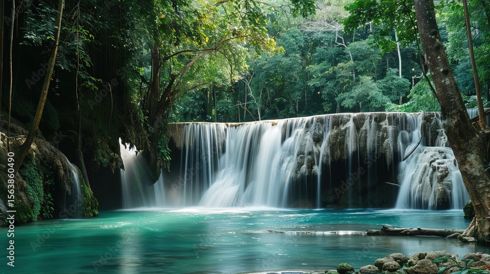Obraz premium Panoramic Beautiful Deep Forest Waterfall in Thailand: Tropical Jungle Cascades, Scenic Natural Wonders, and Thai Wilderness Landscapes