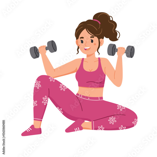 Woman lifting dumbbells in pink patterned leggings. Perfect for fitness programs, strength training classes, or women's health initiatives.