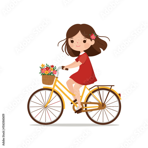 Woman riding bicycle with flower basket. Ideal for eco-friendly transportation, outdoor lifestyle, or flower delivery service concepts.