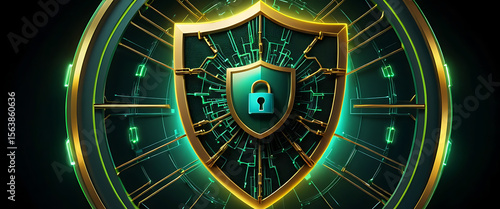 Abstract 4d cyber security shimmering protection shield on the middle of the connected protection glowing network with negative space on the right transparent glasd, dark green lemon gradient theme, g