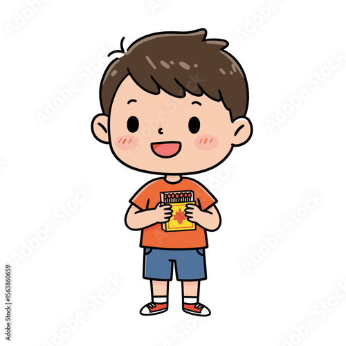 Happy young boy holding a matchbox with a joyful expression