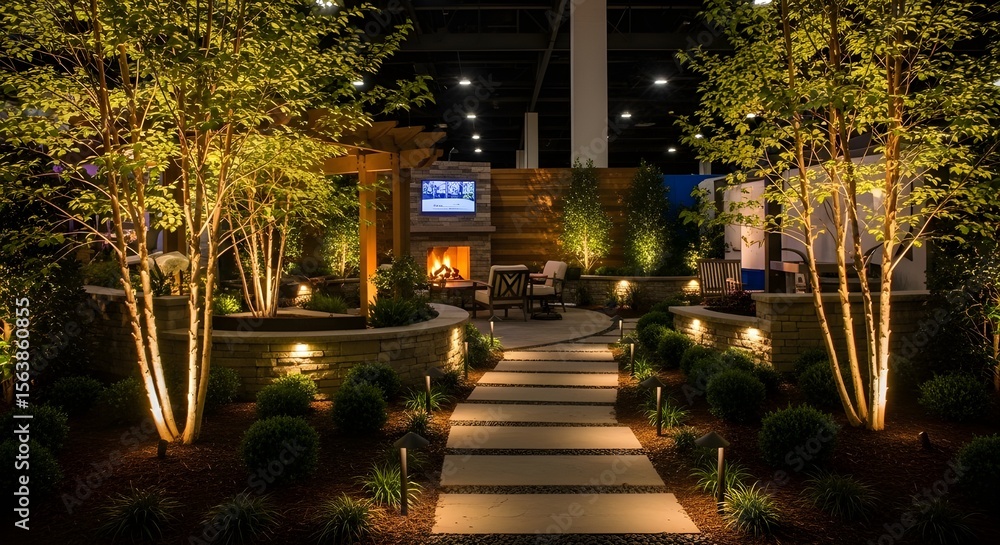 Naklejka premium Illuminated Outdoor Living Space with Fireplace and Landscaping at Night ,modern design luxery home on lightin