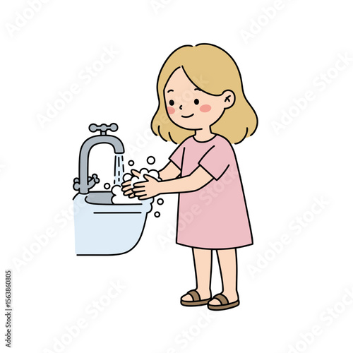 Girl washing hands at sink. Hygiene and cleanliness concept for health education and proper handwashing techniques.