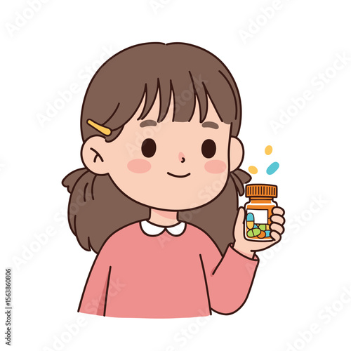 Girl with jar of pills or supplements. Healthcare and wellness concept for medication management and nutritional supplements.