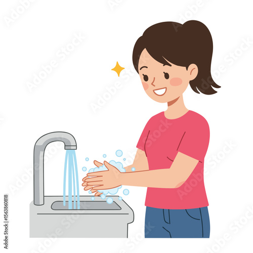 Woman washing hands at sink. Hygiene and cleanliness concept for health protection and proper handwashing techniques.