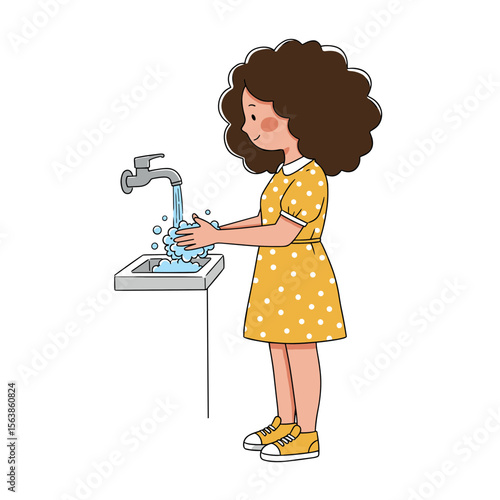 Girl washing dishes at sink. Household chores and domestic responsibilities concept for daily routines and cleanliness habits.