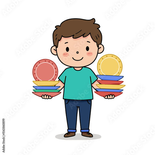 Young boy with a cheerful expression holding a stack of colorful plates