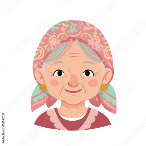Grandmother with colorful headscarf smiling warmly. Perfect for elderly care and family values concepts.