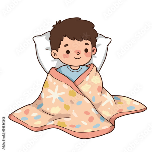 Boy wrapped in colorful blanket looking content. Perfect for children's comfort and bedtime routine concepts.