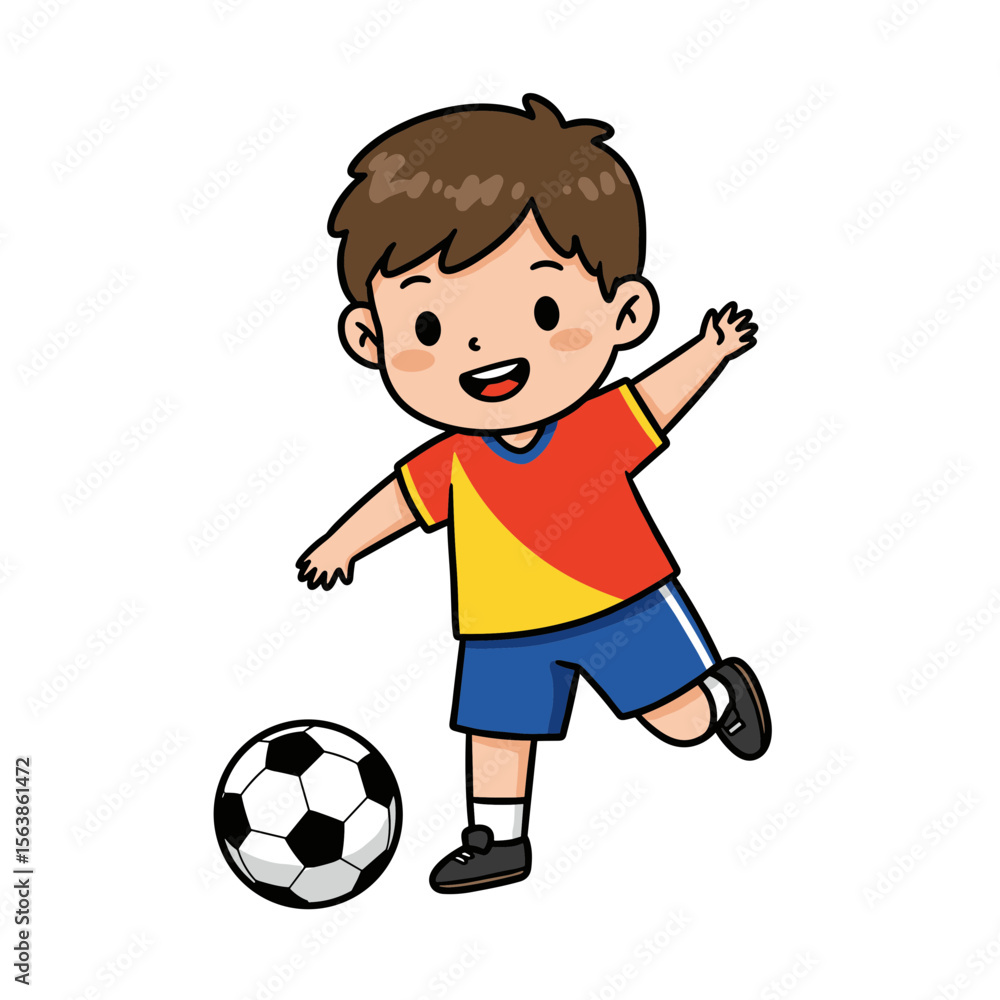 Boy kicking soccer ball in colorful shirt and blue shorts. Perfect for youth sports and active lifestyle themes. Boy kicking soccer ball in colorful shirt and blue shorts. Perfect for youth sports and active lifestyle themes.