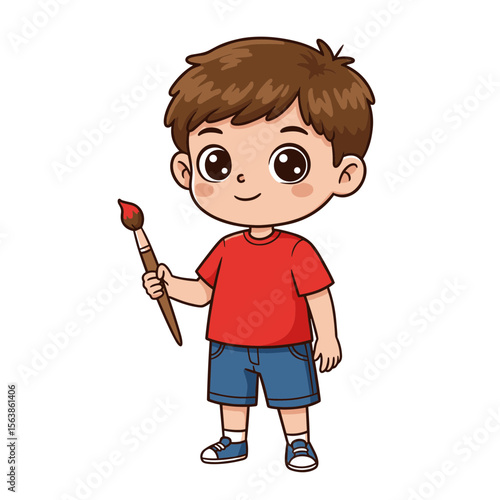 Boy holding paintbrush in red shirt and blue shorts. Ideal for children's art classes and creative activities.