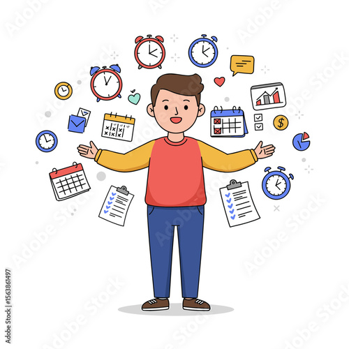 Man managing multiple tasks with calendars and clocks around him. Perfect for time management and productivity themes.