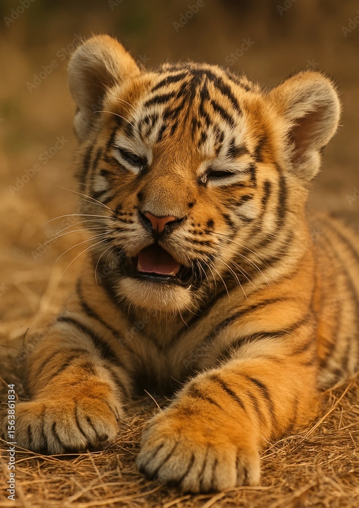 Fototapeta premium Adorable tiger cub resting peacefully.