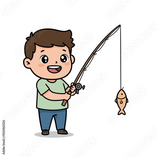 Boy happily fishing with rod and caught fish. Ideal for outdoor activities, hobby illustrations, and summer recreation concepts.