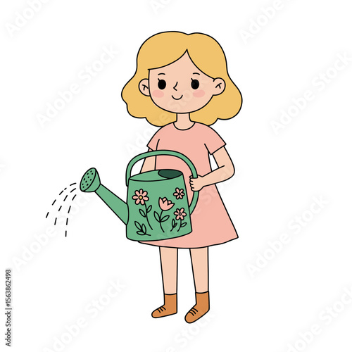 Girl watering plants caring for garden. Perfect for children's gardening activities, plant care guides, and environmental education.