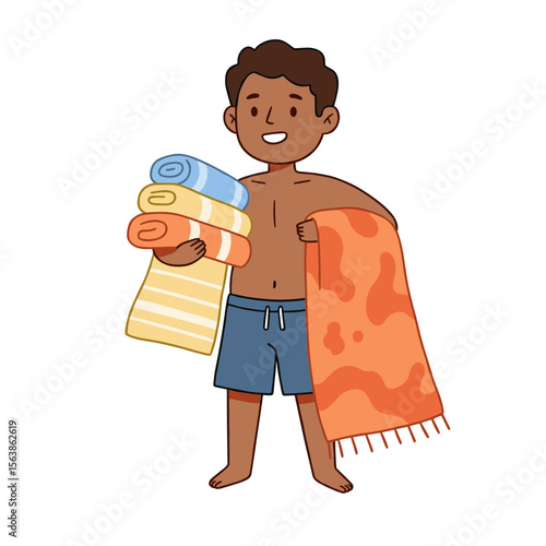 Boy with towels holding bath linens. Perfect for beach vacation essentials, swimming lessons, and summer activity planning.