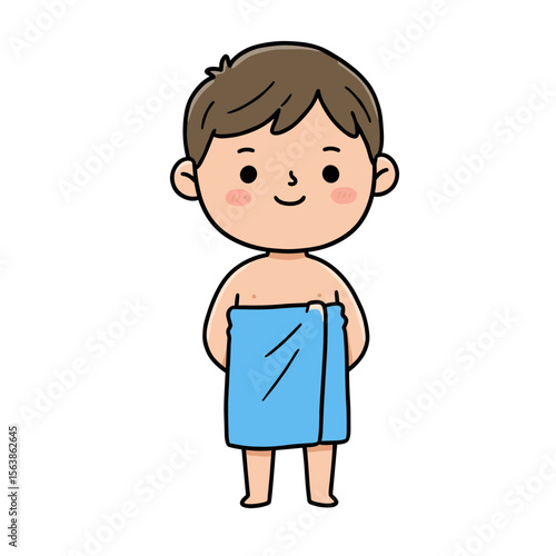 Boy with towel wrapped around waist. Ideal for bath time routines, personal hygiene education, and children's self-care guides.