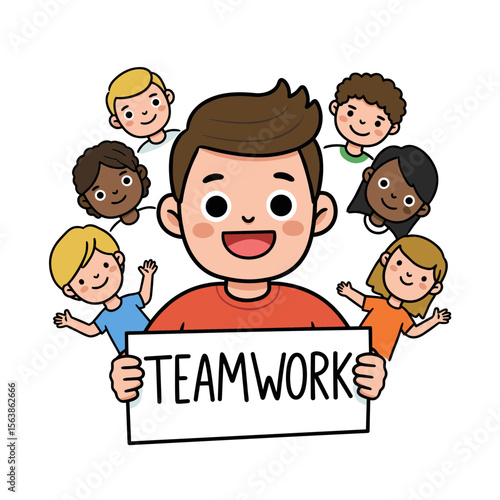Boy with team building surrounded by diverse children. Ideal for inclusion initiatives, educational diversity, and classroom cooperation.
