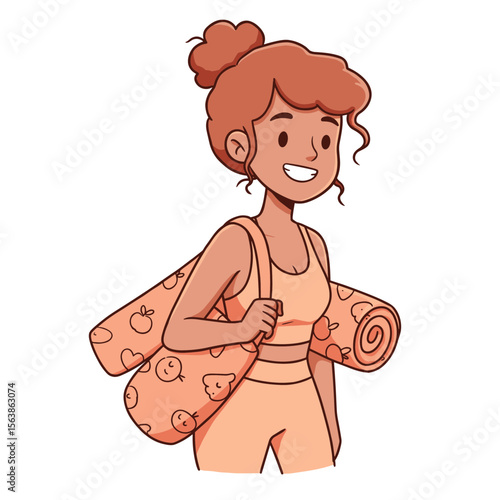 Woman with yoga mat in sportswear. Ideal for fitness classes, wellness activities, or healthy lifestyle promotion.