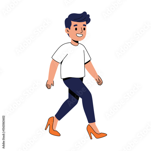Man walking in women's high heels. Ideal for illustrating gender expression, fashion experimentation, or theatrical costume concepts.