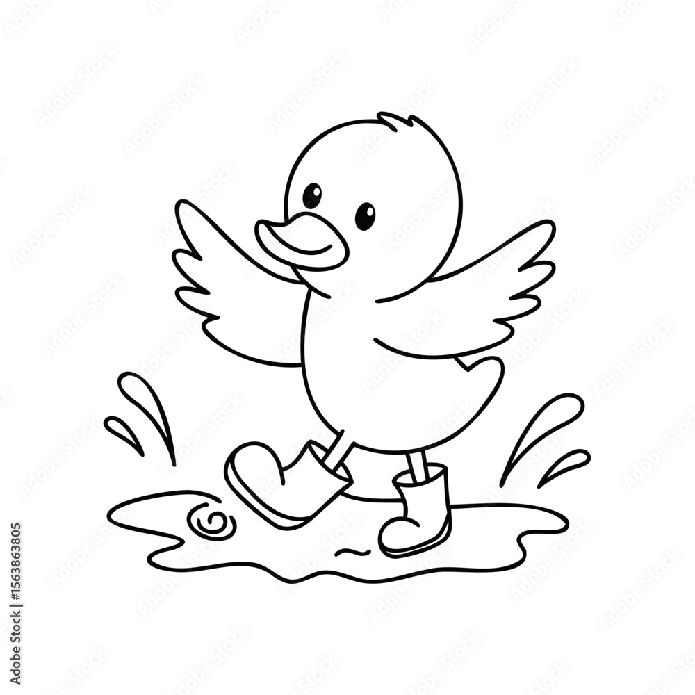 Handdrawn duckling wearing boots splashing in a puddle water outline bird animal Handdrawn duckling wearing boots splashing in a puddle water outline bird animal