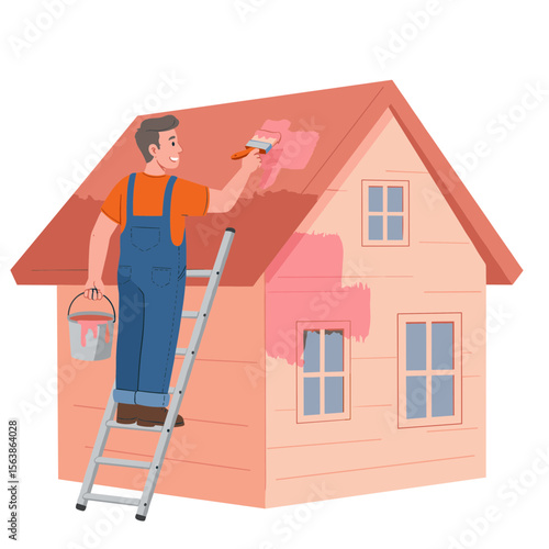 Man on ladder painting house exterior. Professional home maintenance concept for property renovation and residential improvement.