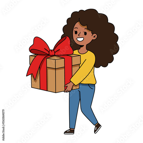 Woman with large gift box and red ribbon. Present giving concept for special occasions, holidays, and celebration events.