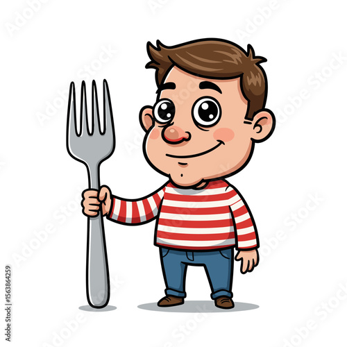Boy with oversized fork smiling cheerfully. Playful eating concept for children's nutrition, appetite enhancement, and mealtime fun.