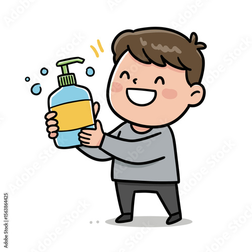 Boy with soap dispenser smiling happily. Hygiene education concept for proper handwashing, cleanliness, and health protection.