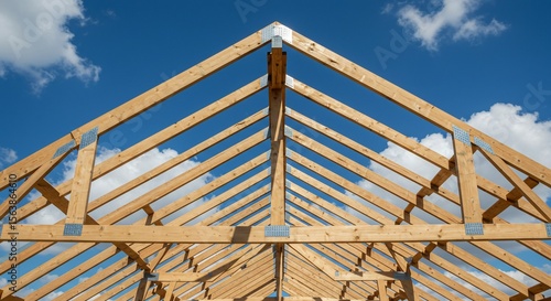 Wooden frame of a house under construction against blue sky