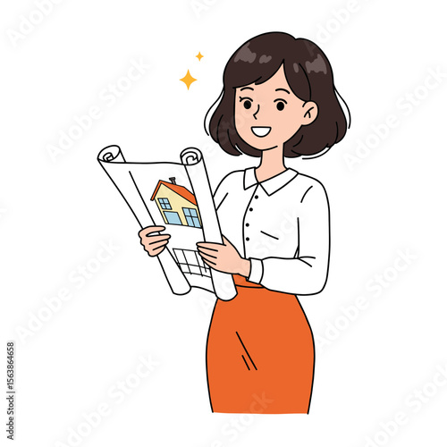Woman reviewing architectural plans with property design. Perfect for real estate development, architecture, and construction planning.
