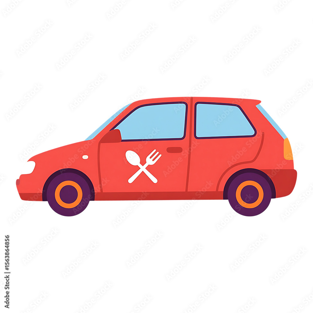 Obraz premium Red delivery car with fork and spoon logo isolated on transparent background