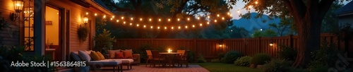 Tranquil Patio Evening String Lights, Cozy Ambiance, Relaxing Outdoor Scene