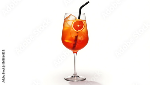 Refreshing Aperol Spritz Cocktail: Icy Orange Slice Garnish, Elegant Glass, White Background.