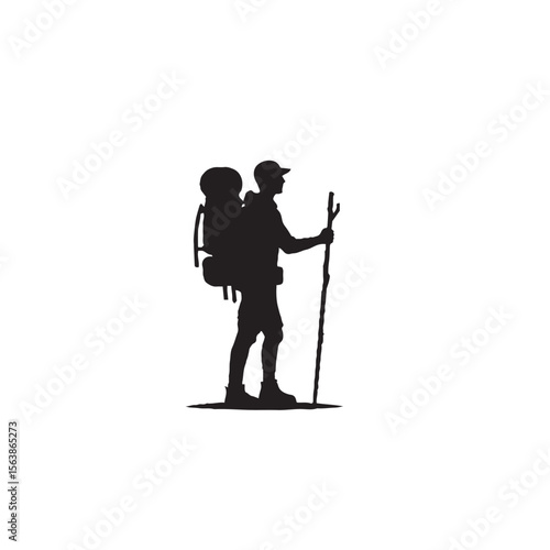 Adventurous Backpacker with Stick Silhouette – Exploration, Trekking & Outdoor Spirit