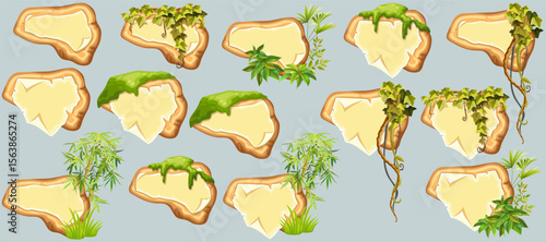Wooden signboards with old paper, stems ivy, liana, grapes, vine, swamp moss, forest lichen. Set blank invitations, maps, jungle plants. 3d elements for messages, banners, notebooks, mobile games.
