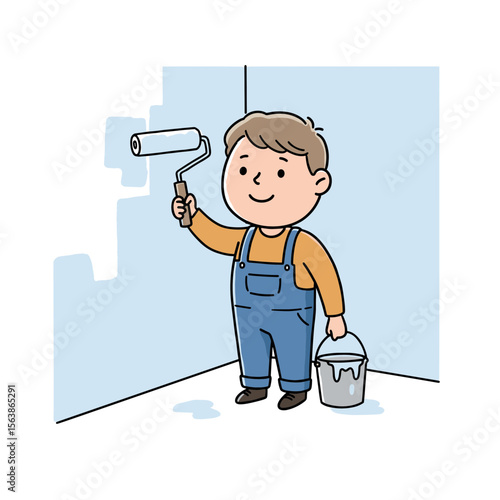 Boy painting wall with roller in work clothes. Perfect for home renovation and DIY project illustrations.