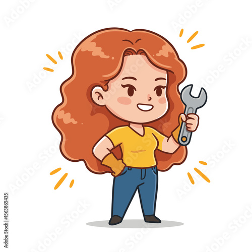 Girl holding wrench with confident pose in yellow shirt. Ideal for female empowerment and hands-on skills themes.