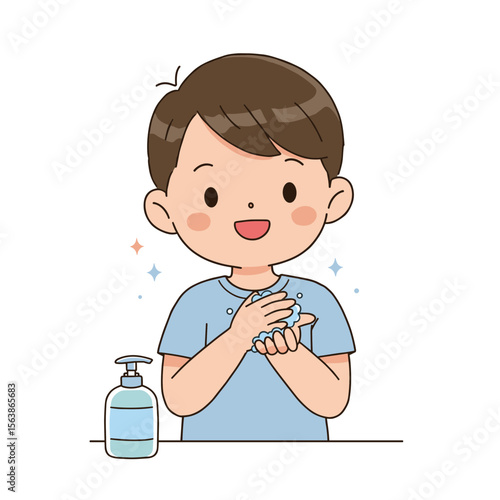 Boy using hand soap with proper technique. Ideal for hygiene education and hand washing instruction themes.