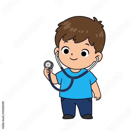 Boy with stethoscope in medical play. Ideal for healthcare education, pretend play, or child development concepts.