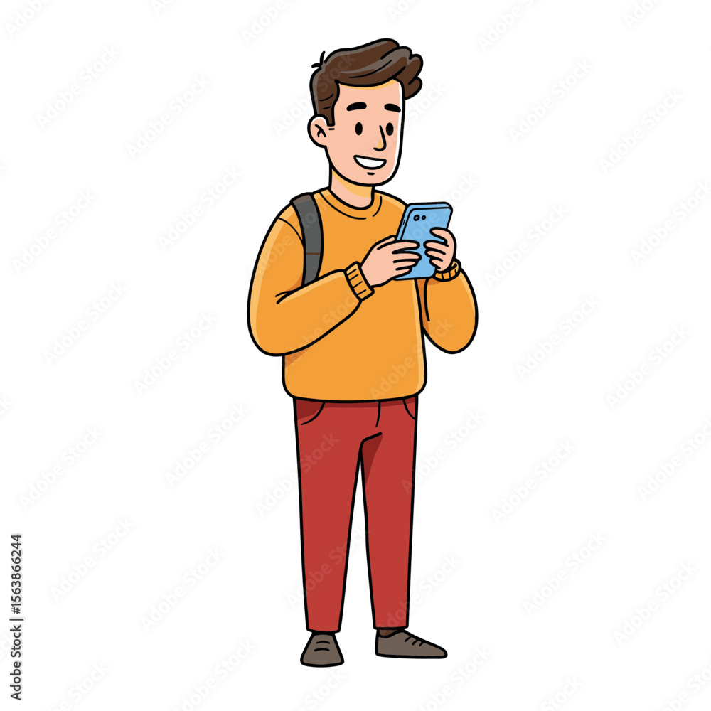 Obraz premium Man holding phone checking social media. Perfect for digital communication, smartphone usage, or modern connectivity concepts.