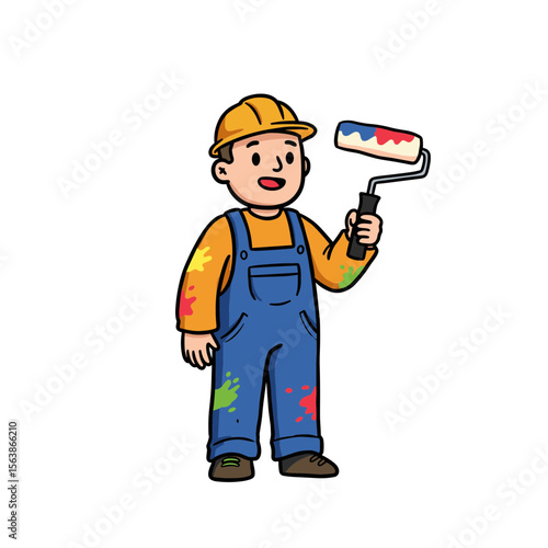 Man with paint roller in work uniform. Perfect for home improvement, professional painting, or renovation services illustration.