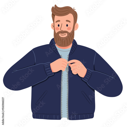 Man buttoning jacket in casual outfit. Ideal for men's fashion, everyday style, or casual business attire concepts.