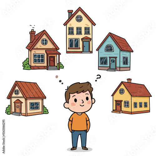 Boy with property choices pondering options. Ideal for real estate education, housing decisions, or property selection concepts.