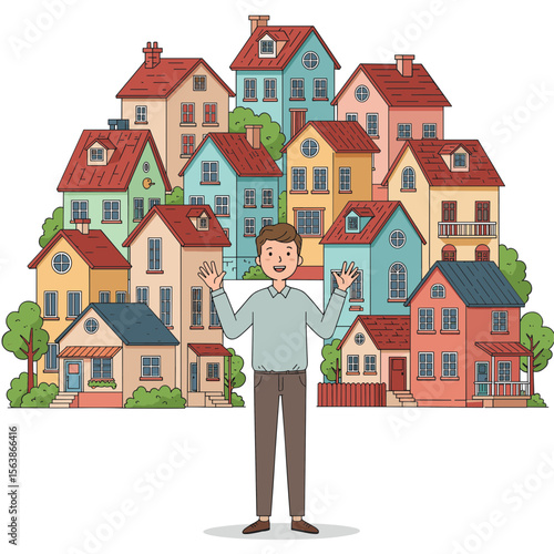 Man with property choices surrounded by houses. Perfect for real estate decisions, housing market, or property investment concepts.