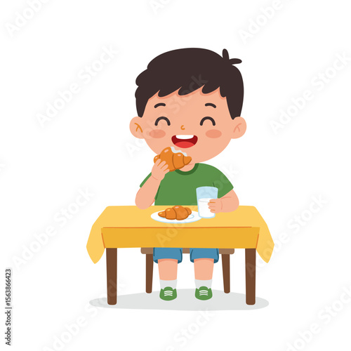 Boy at breakfast table with milk and food. Ideal for healthy eating, morning routine, or nutritious meal concepts.