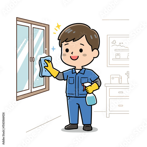 Boy with cleaning supplies washing window. Ideal for household chores, cleaning routine, or home maintenance concepts.