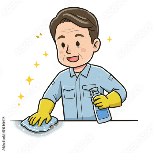 Man with cleaning supplies wiping surface. Perfect for housekeeping, cleaning service, or home maintenance concepts.
