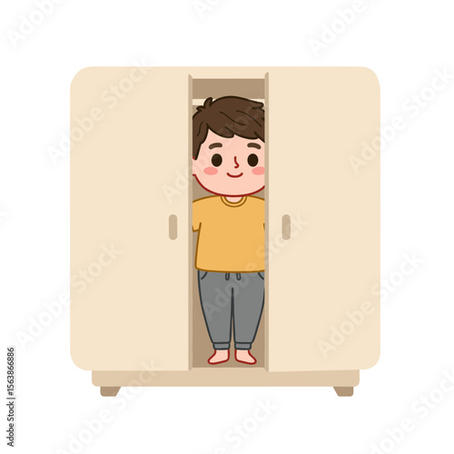 Boy standing inside closed wardrobe. Perfect for illustrating hide and seek games, childhood play, and imagination concepts.