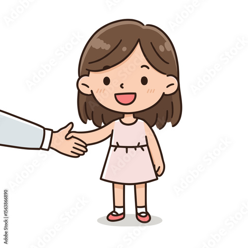 Girl smiling while shaking adult hand. Ideal for illustrating business etiquette for children, social skills, and professional manners.